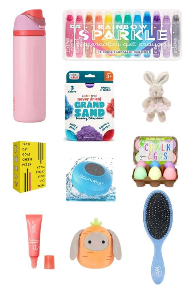 Easter Basket Fillers for Kids. Collage with water bottle, gel crayons, kinetic sand, plush bunny, card game, shower speaker, chalk eggs, lip balm, bunny squishmallow, wet brush.