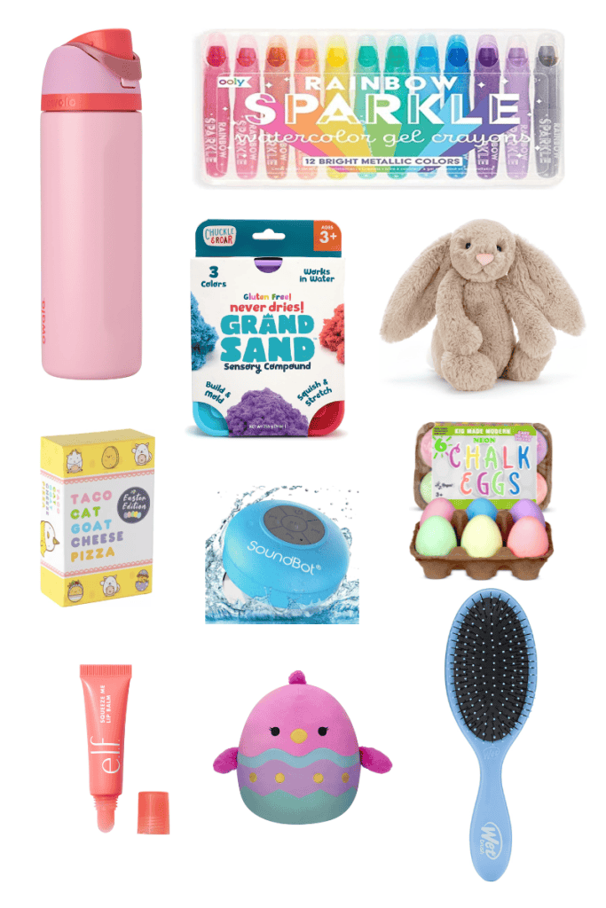 Images of water bottle, sparkle markers, sensory sand, plush bunny, Taco Cat Goat Cheese Pizza game, waterproof speaker, chalk eggs, lip balm, squishmallow, and wet brush.